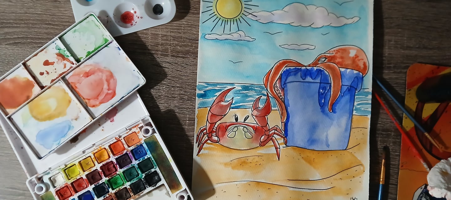 Awatercolor page from ''A Day at the beach'' watercoloring book.
