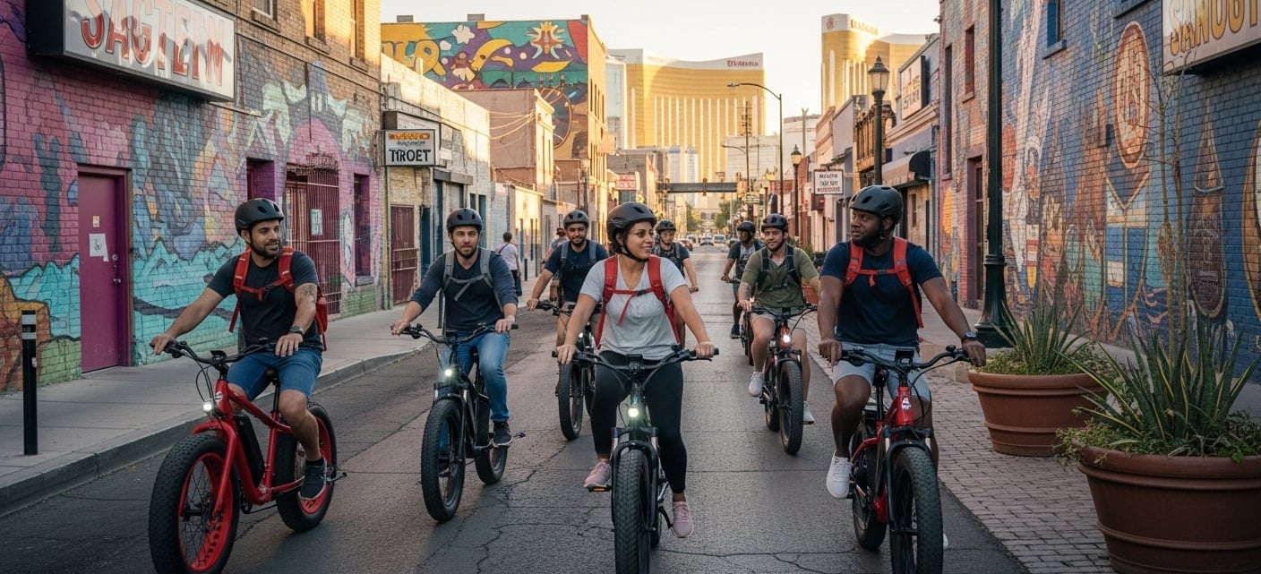 a group of people riding bikes through the arts district portion of las vegas