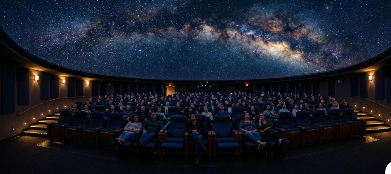 Audience watching a fulldome show under a projected starry sky in a planetarium dome.