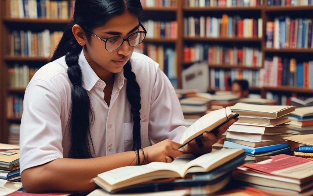 A friendly consultant advising a student with international university brochures spread out on the table.