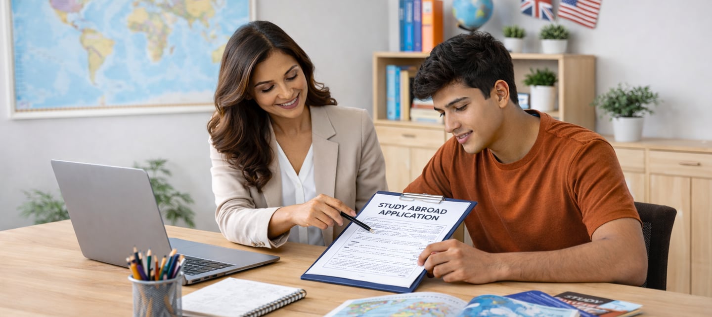 A study abroad counsellor helping a student with their study abroad application