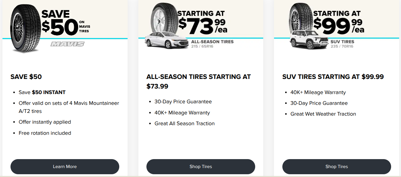 Mavis tire deals featuring discounts on all-season and SUV tires with prices starting at $73.99.