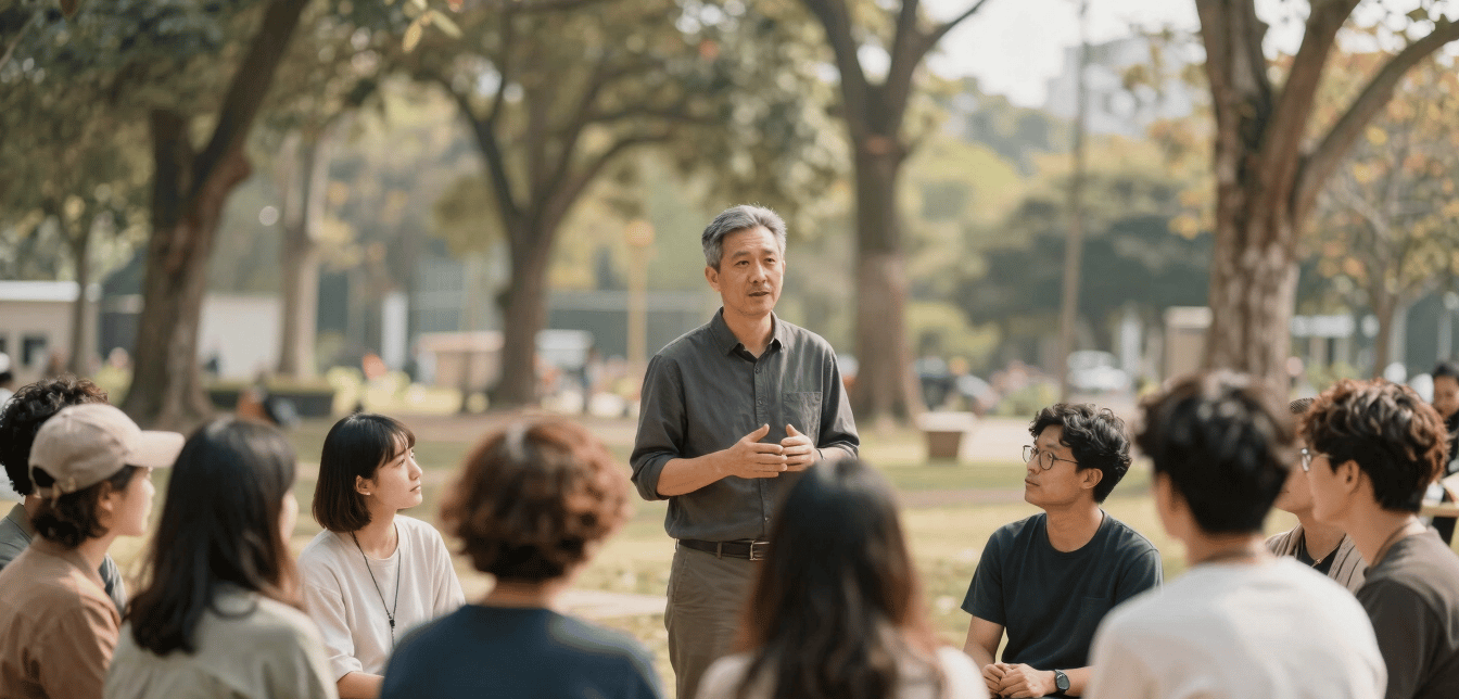 A tall portrait photograph of a facilitator guiding a small group of people in an outdoor clearing, tall trees softly blurred in the background, warm natural daylight
