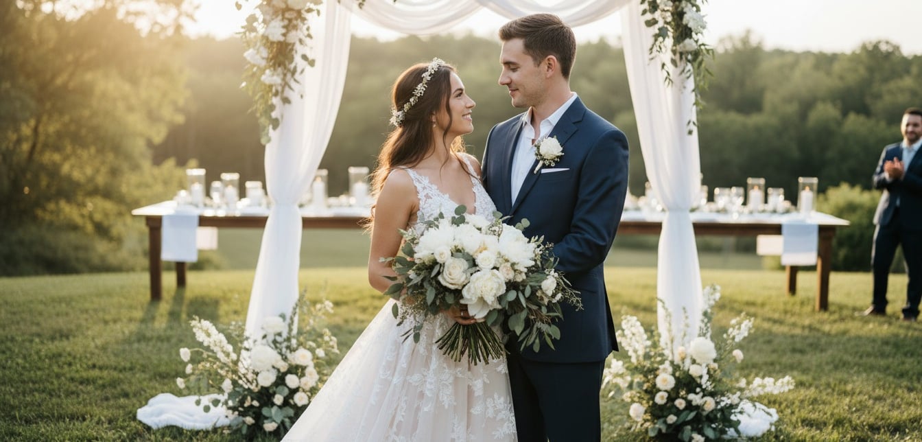 A bride and groom posing at a sunset outdoor wedding ceremony with a floral arch and white bouquet.