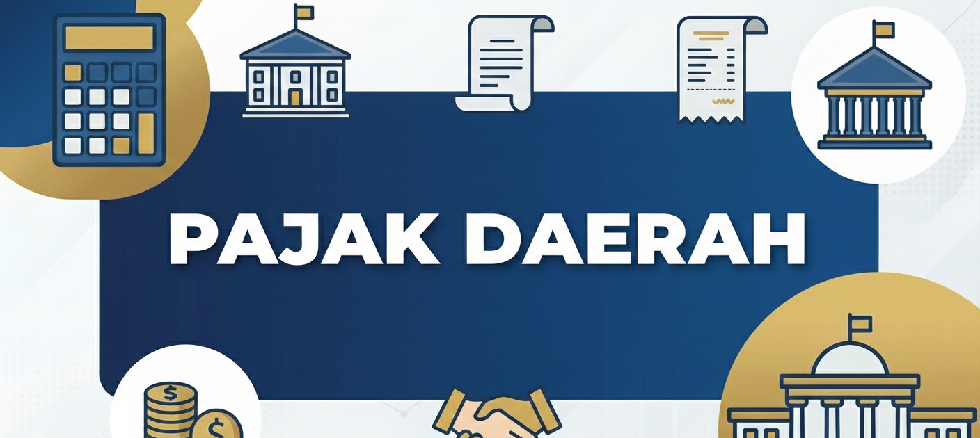 Pajak Daerah text banner featuring financial icons, government building symbols, and a calculator for regional tax themes
