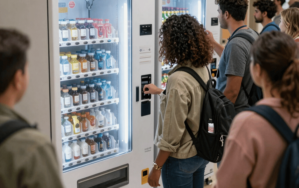A sleek vending machine in a cozy Florianópolis office setting, with a warm glow.