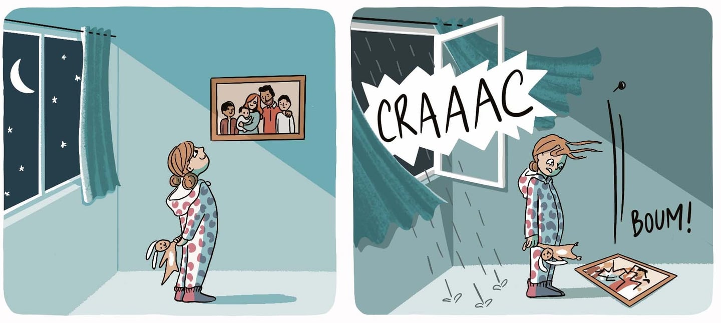 a girl cries when her family portrait falls 