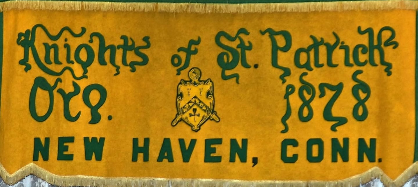 Knights of St. Patrick banner from 1878 in New Haven, Connecticut, featuring Irish heritage symbols