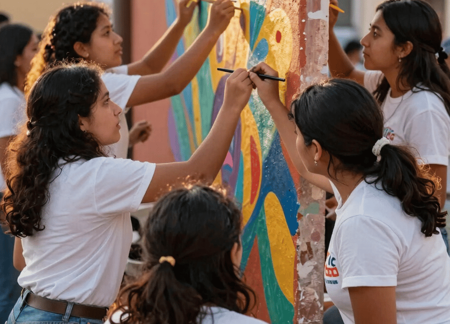 Jóvenes voluntarios pintando un mural comunitario vibrante en una pared con pinceles coloridos
