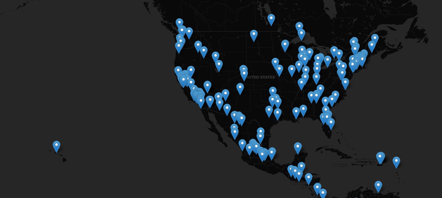 Interactive United States map showing listener locations across North America.