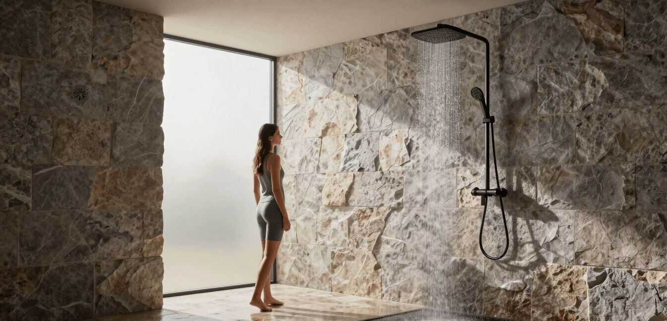 Wide-angle architectural shot of a contemporary stone-walled shower room, matte black rainfall shower system installed overhead, soft ambient daylight entering from a frosted side panel, clean reflections on the wet stone floor, a single woman standing at ease under the flowing water, steam light and controlled — the emphasis on the installed product quality and the calm premium environment it creates