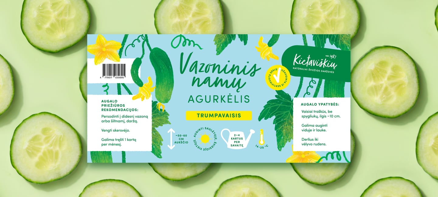 Stilizuota Kietaviškių vazoninio agurko iliustracija – dalis pakuotės dizaino serijos.