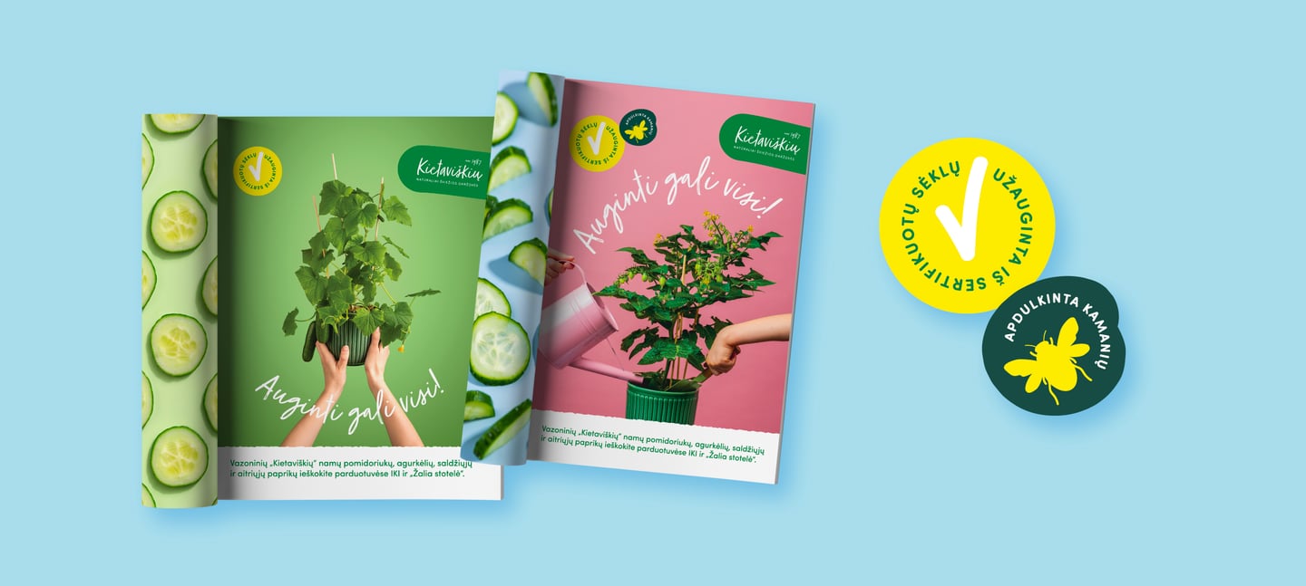 Kietaviškių sodinukų pakuočių dizaino iliustracijos spaudos maketuose – žurnalų vizualizacija.