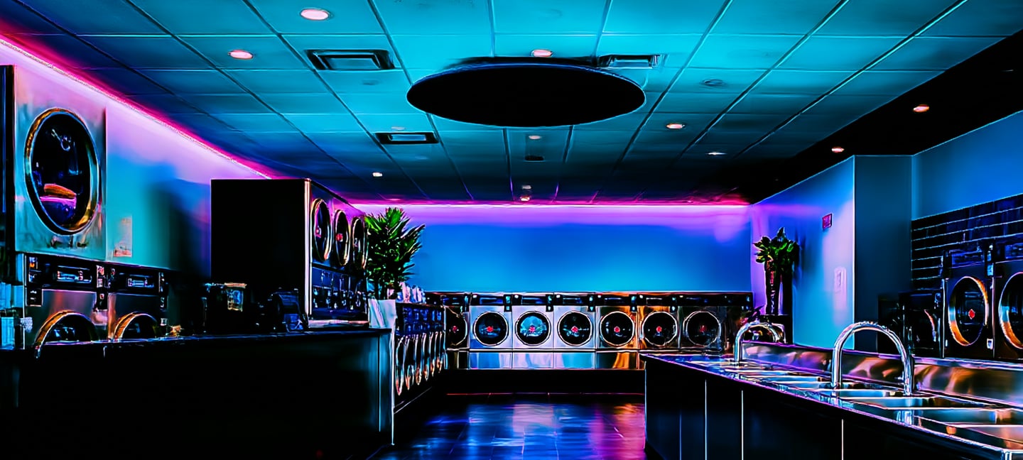 a futuretistic laundromat mat with blue and pink led lights
