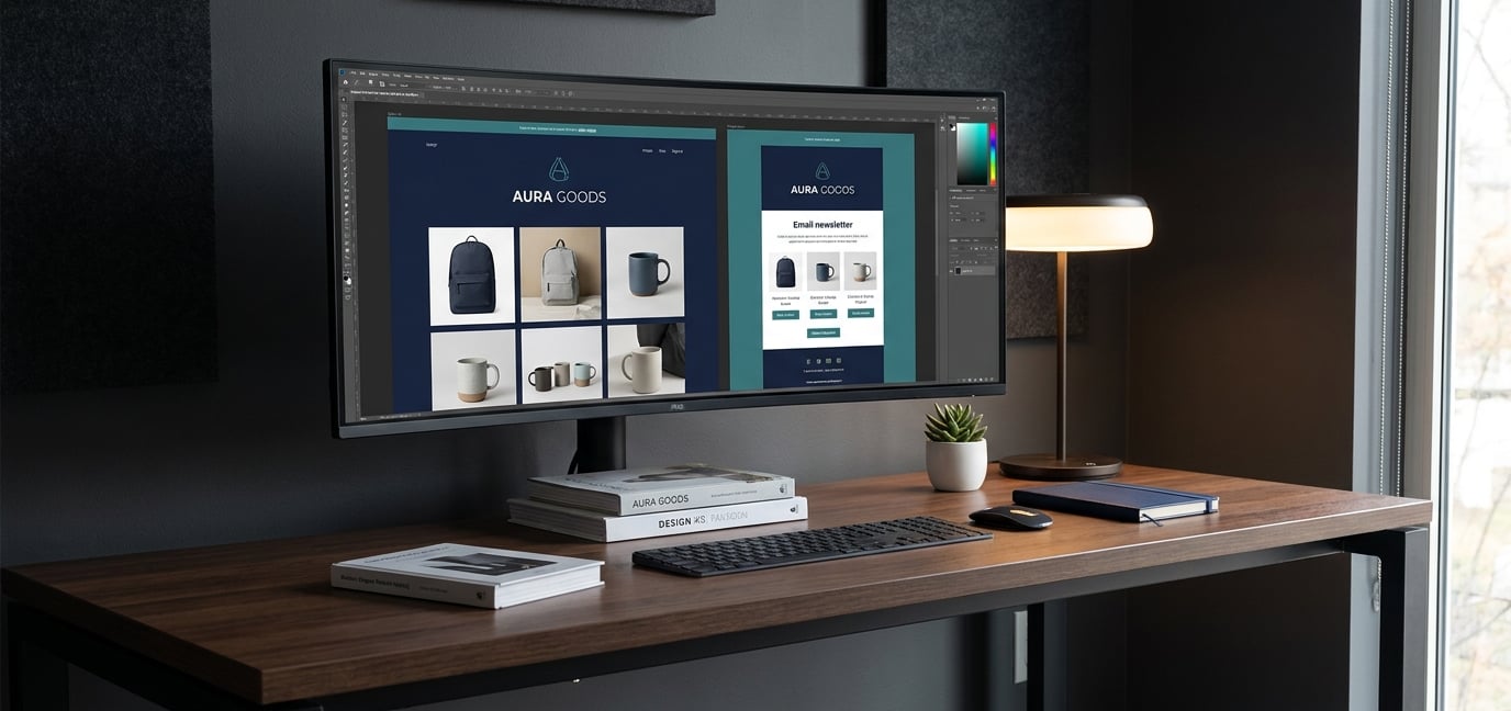 monitor showing e-commerce product page and email design