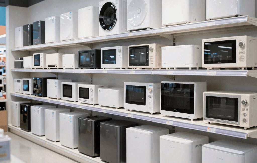 Cozy showroom interior displaying a variety of furniture and electronics under warm lighting.