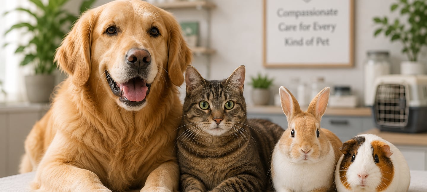 alt="Rabbit and guinea pig receiving care at a calm veterinary clinic"