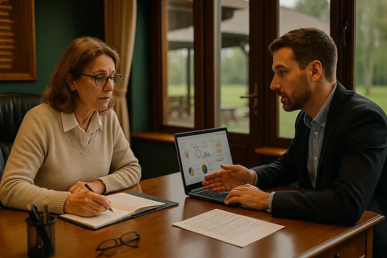 Golf club secretary and IT consultant discussing technology upgrade plans in a clubhouse office.