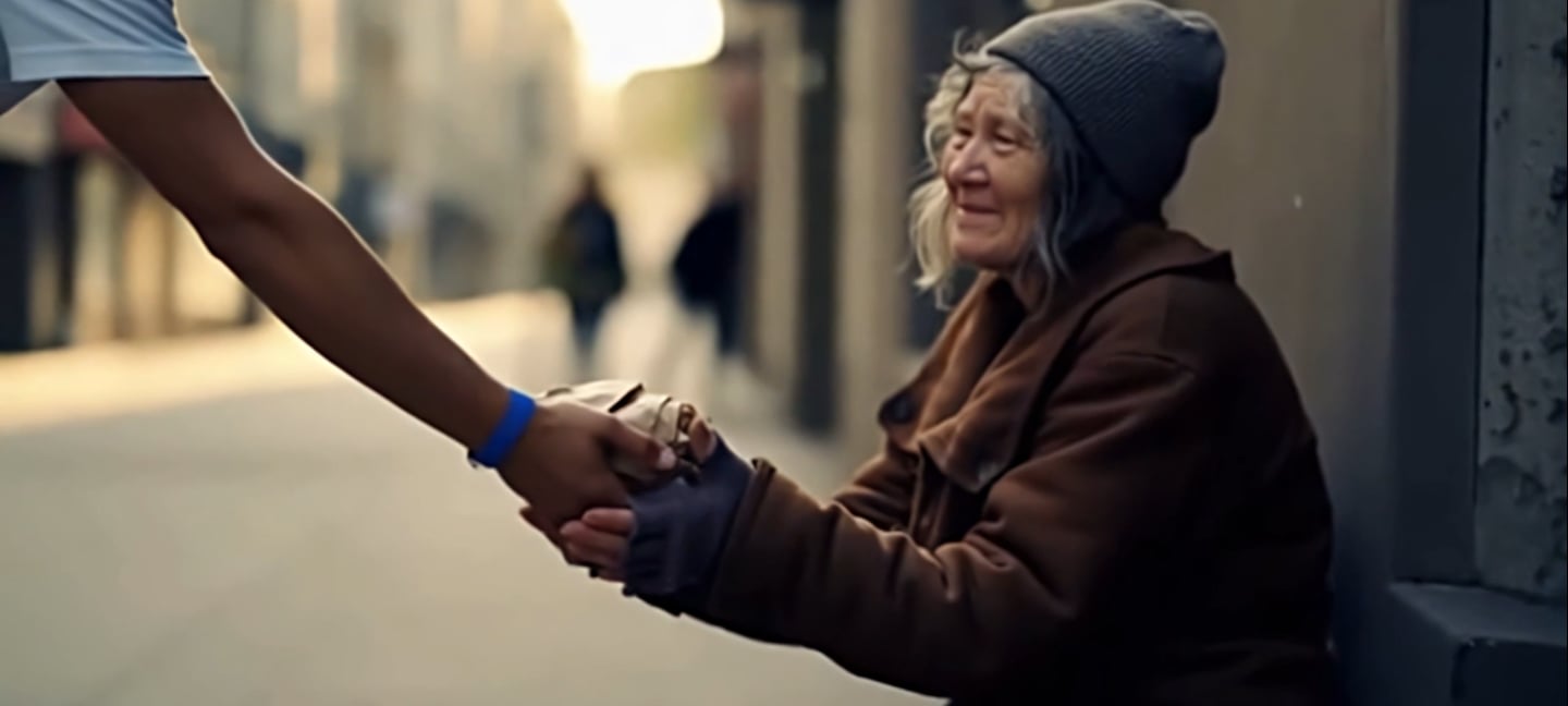 Uma mão jovem oferecendo alimento à uma senhora idosa em situação de rua.