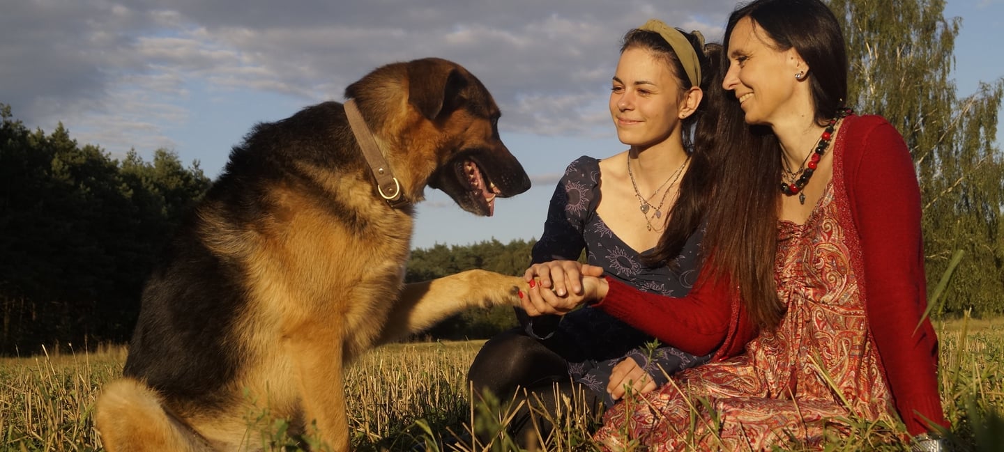 2 kobiety siedzące na polanie i pies podający im łapę 