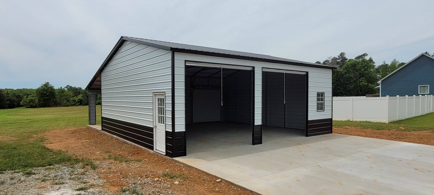 a garage with a garage door and a garage door