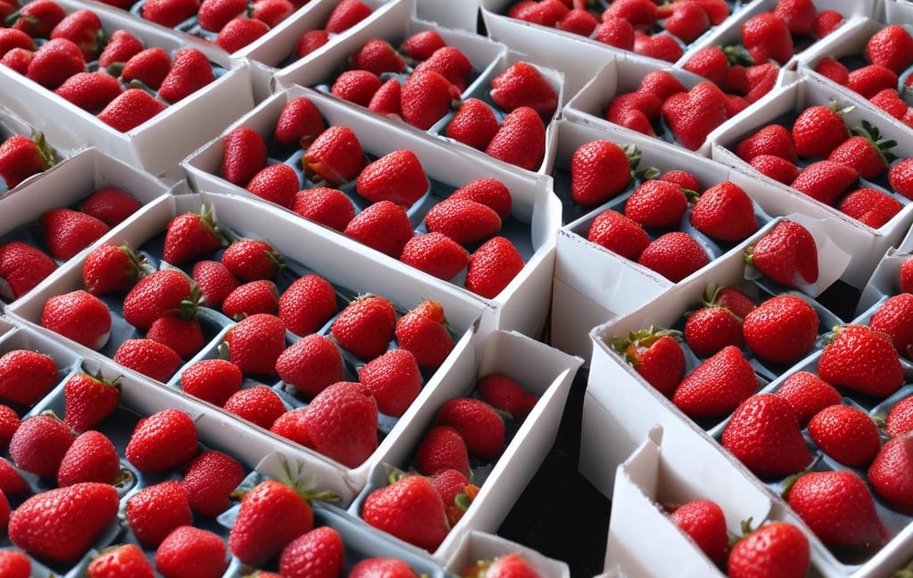 A vibrant close-up of freshly harvested strawberries glistening with morning dew on a lush green farm.