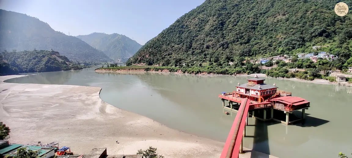 Island temple of Dhari Devi in the Alaknanda River, Uttarakhand, a sacred Himalayan shrine & guardian of Char Dham pilgrimage