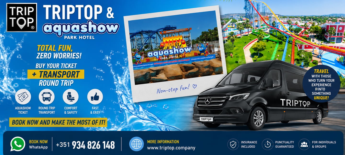 Black Triptop shuttle van providing transport to Aquashow Park Hotel with water slides in the background.