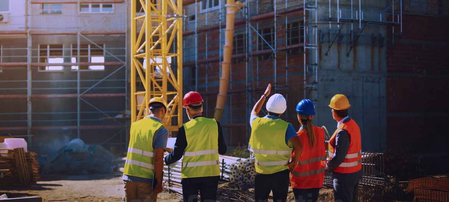 a group of construction workers standing in front of a building