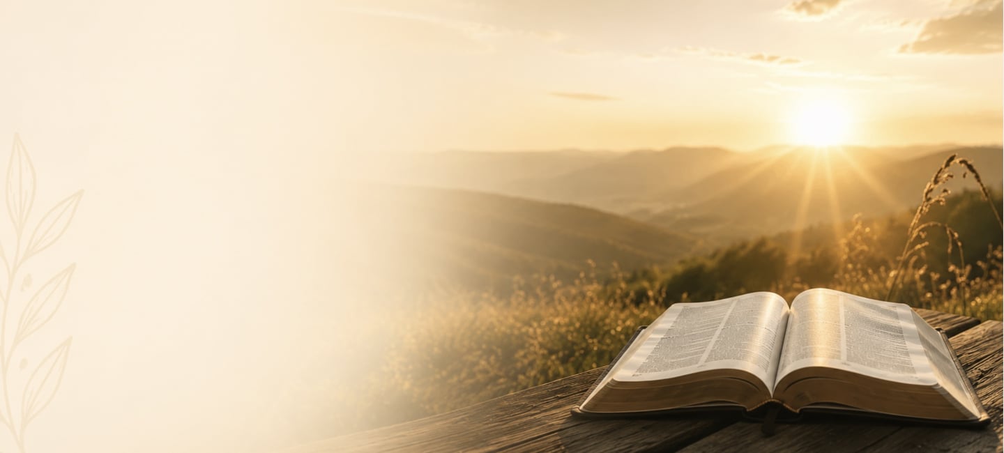 Offene Bibel im Sonnenaufgang als Symbol für Gottes Wort und Hoffnung.
