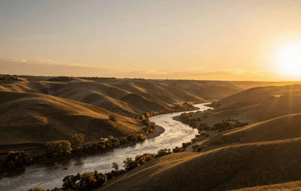 Golden sunset over a winding river valley with rolling hills and autumn trees.. i want his color it