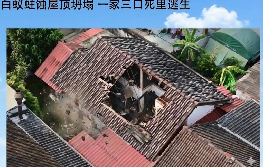 Residential roof collapse caused by severe termite wood damage illustrating structural safety risks.