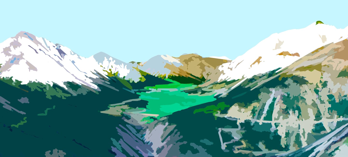 a mountain scene with a river and a mountain in the background