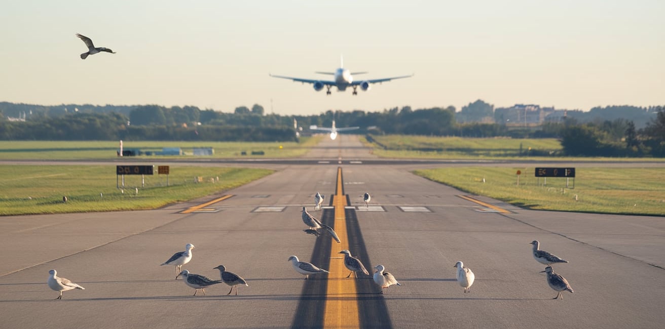 A plane landing at an airport with birds in the foreground.