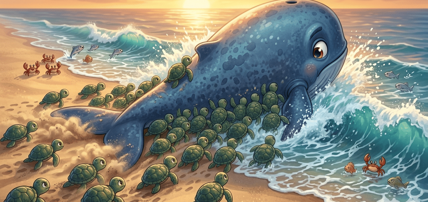 Cute cartoon whale on a sandy beach helping baby sea turtles reach the ocean at sunset.