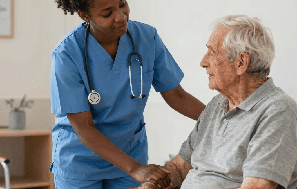 A friendly healthcare assistant helping an elderly patient with a warm smile in a care home setting.