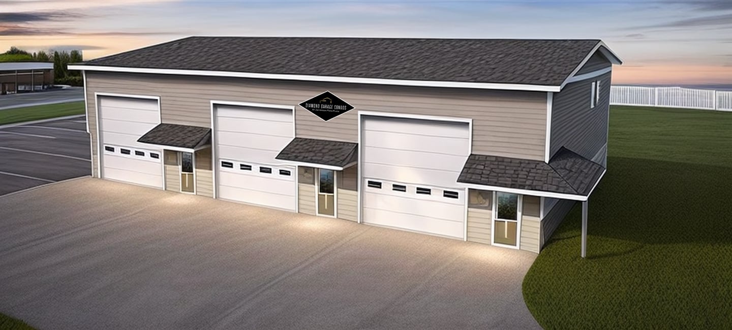 Diamond Garage Condos rendering showing garage doors & pedestrian doors