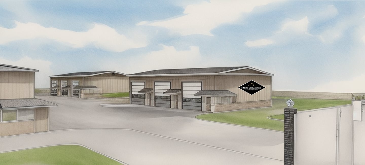 Rendering of driving into Diamond Garage Condos showing buildings with garage doors and eves over