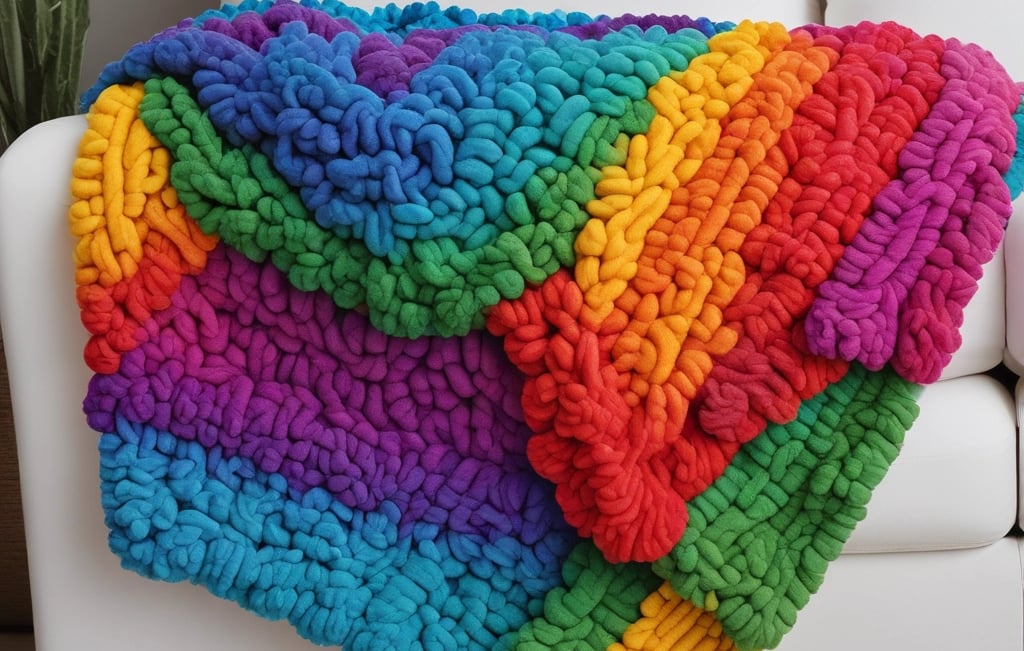 An assortment of cozy, colorful chunky knit blankets displayed on a stylish couch.
