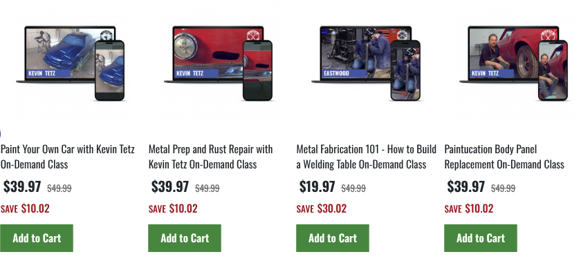 On-demand automotive restoration classes for car painting, metal prep, and body panel replacement.