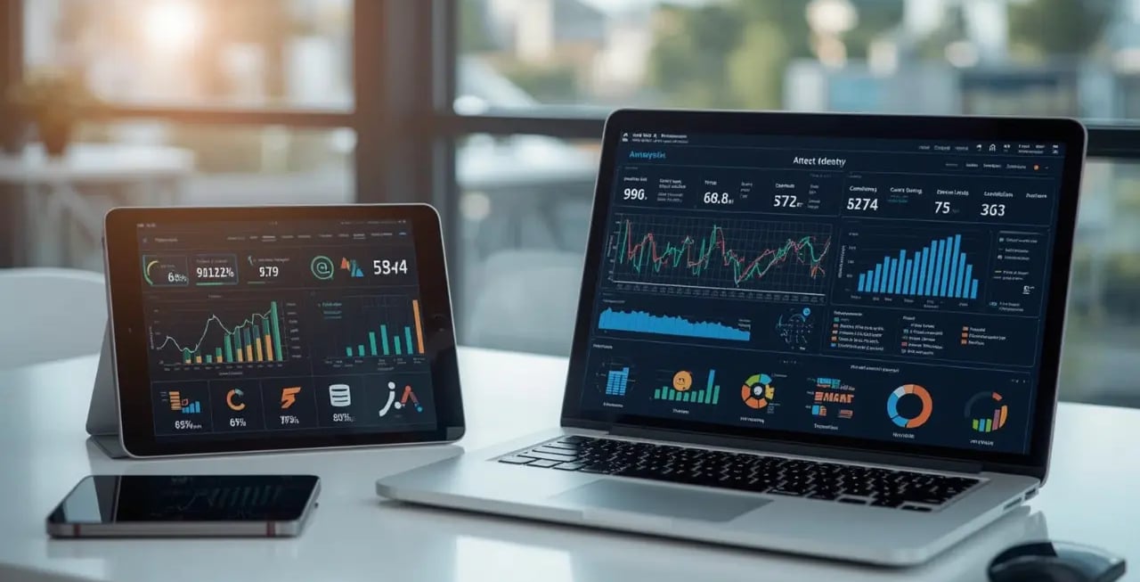 Computador e tablet mostrando gráficos interativos de marketing digital, representando cálculo de al