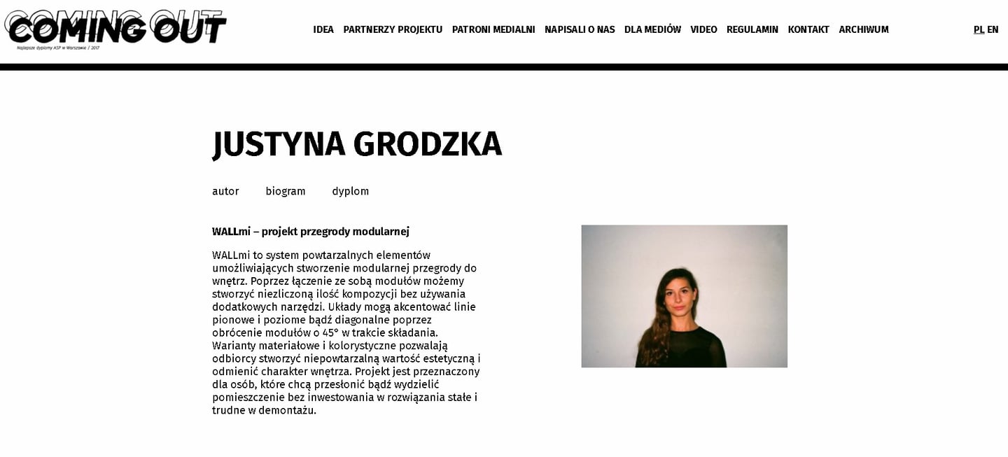 Wpis o Justynie Grodzkiej na stronie Coming Out – udział w wystawie najlepszych dyplomów