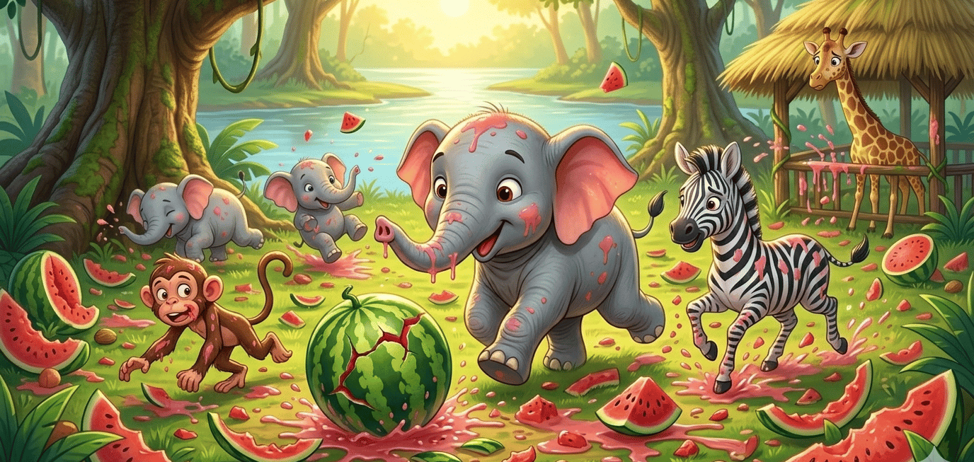 Cute cartoon animals like elephants, a zebra, and a monkey having a watermelon food fight in a sunny jungle.