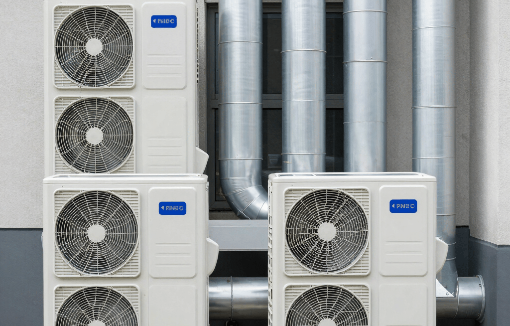 A friendly technician speaking with a homeowner beside a clean HVAC system.