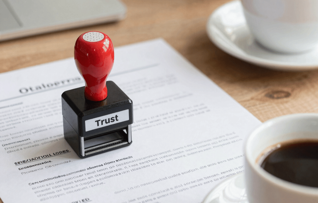 A warm, inviting workspace with a notary stamp, paperwork, and a cup of coffee
