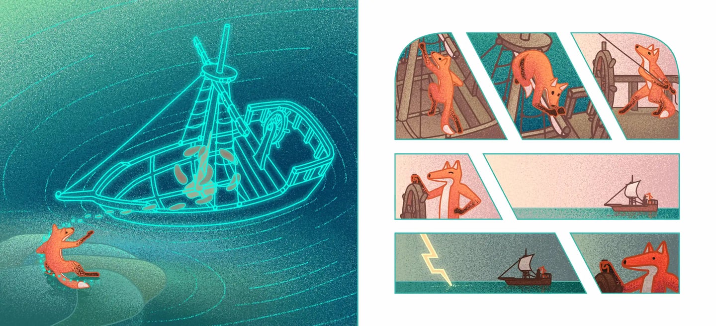 children's book illustration of a fox creating and sailing a boat