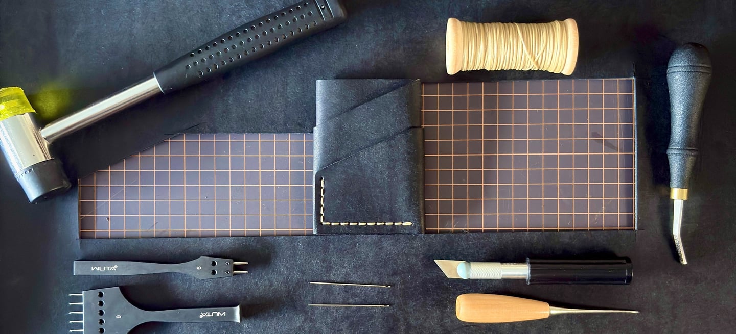 Leather Crafting tools. Tools used to make Wrap Leather Wallet