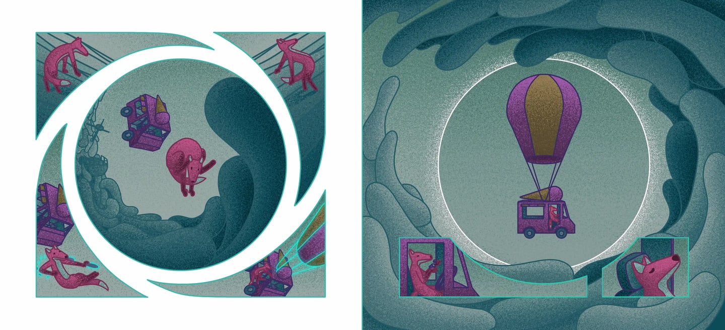 children's book illustration of a fox floating in a hot air balloon ice cream truck