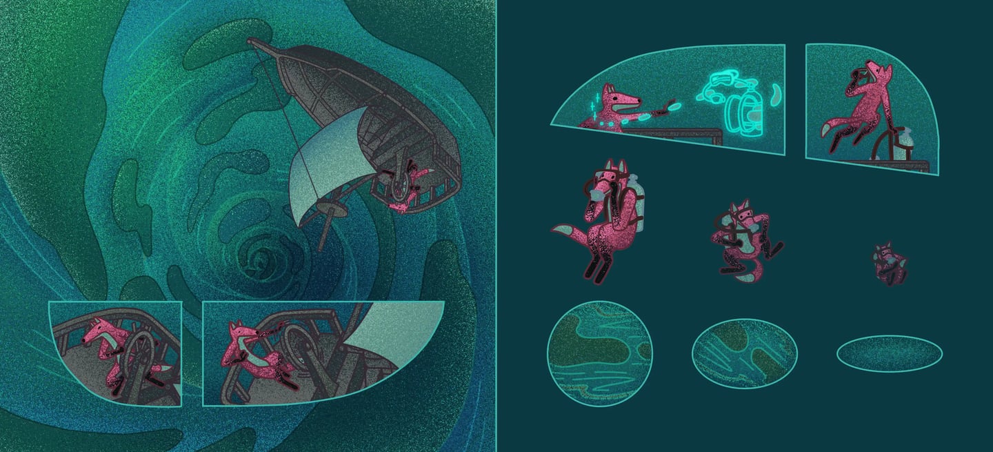 children's book illustration of a fox jumping off a boat into swirling water