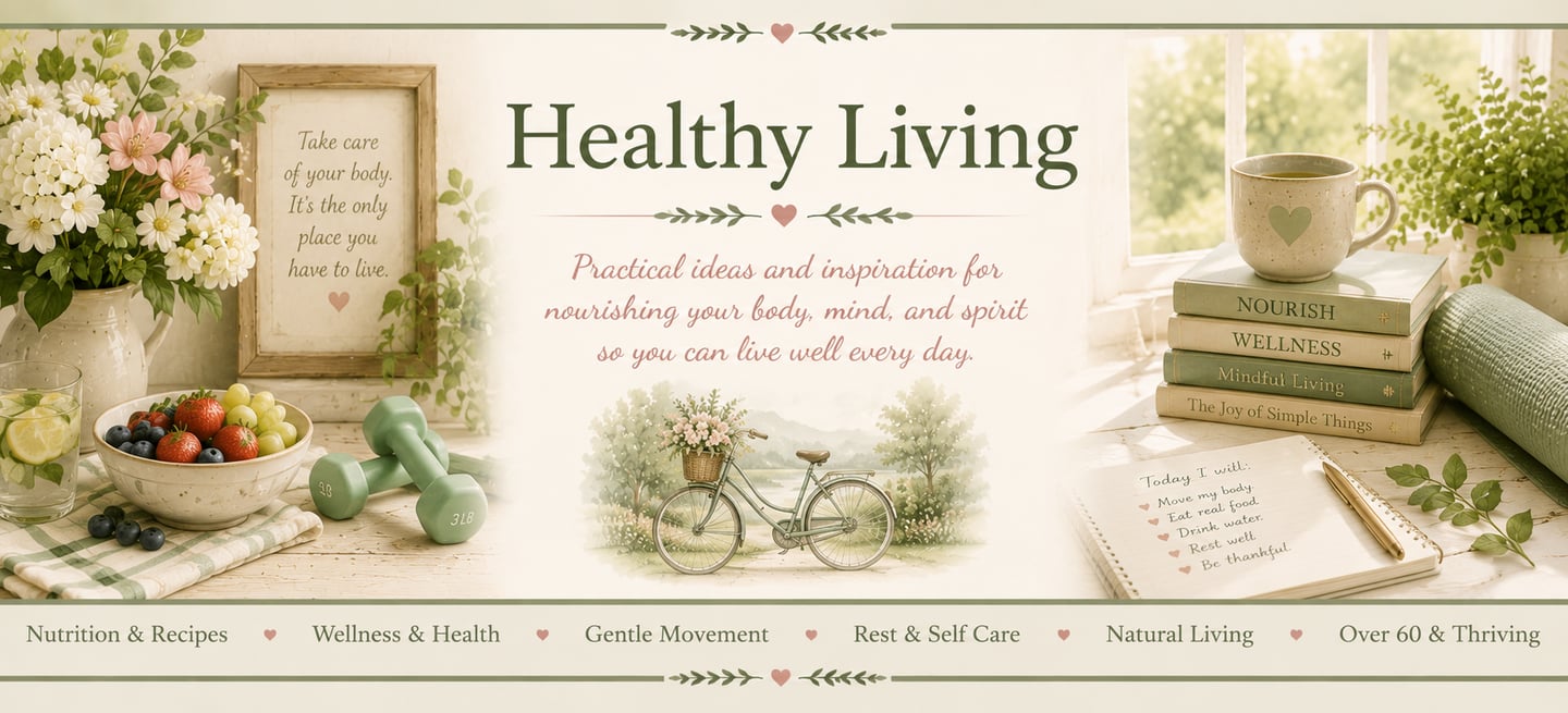 Healthy living banner with fresh fruit, dumbbells, wellness books, and a self-care checklist for holistic health.